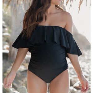Black Ruffle Trim Ruched One-Piece Maternity Swimsuit